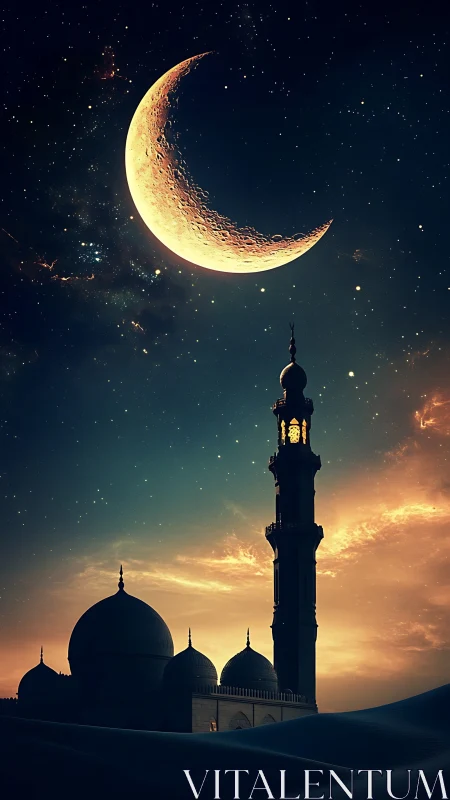 Digital painting of crescent moon over mosque silhouette at dusk.