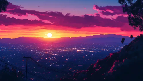 Sunset city glow from a quiet hillside lookout point.