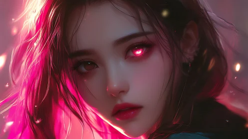 Neon-eyed heroine gazes through glowing pink embers.
