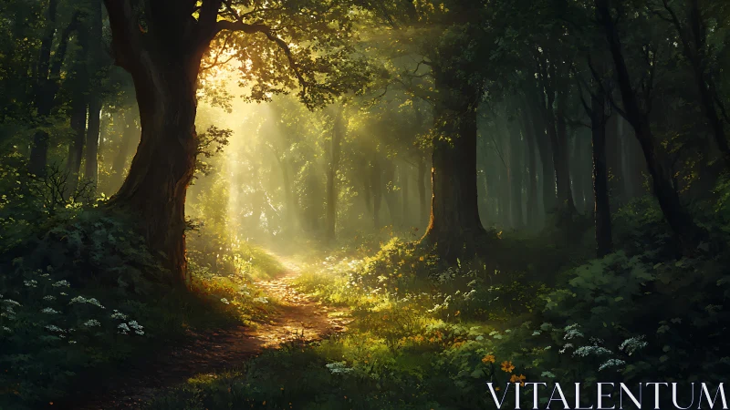 Forest Path Bathed in Golden Sunlight Through Dense Trees.