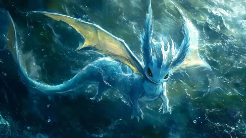 Winged aqua creature glides through luminous ocean surface