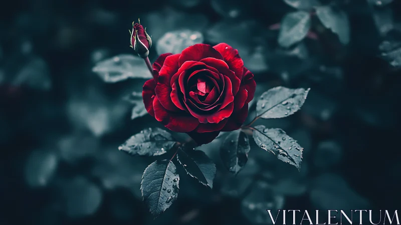 Deep Crimson Rose with Dew-Laden Foliage Against Moody Teal Backdrop.