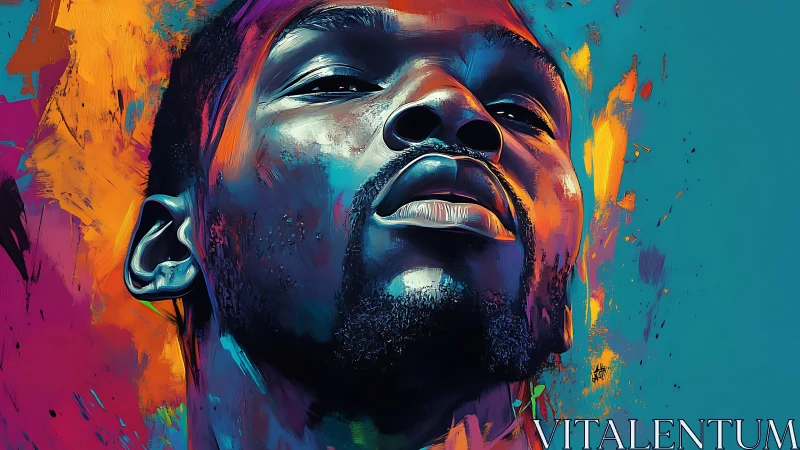 Upward gaze in neon hues, expressive digital portrait study.