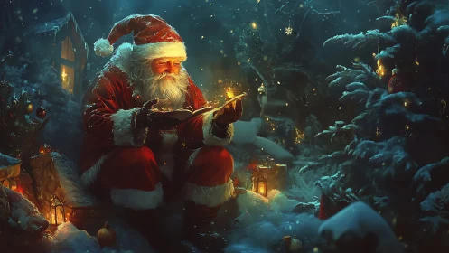 Santa reading a glowing book in a snowy forest night.