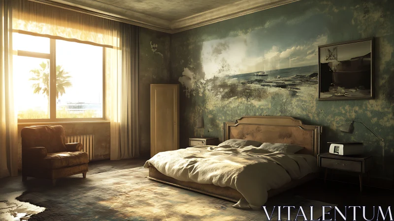 Sunlit decayed bedroom with maritime mural and vintage furnishings.