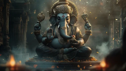 Lord Ganesha statue glows in misty temple ambience at dusk.