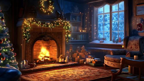 Cozy living room shows lit fireplace and winter window scene
