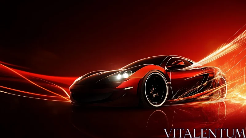 Red sports car racing through glowing light trails at speed.