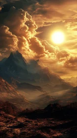 Fiery sun over rugged mountains in cinematic sunset haze.