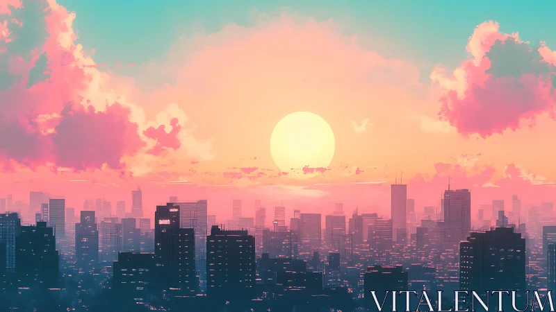 Dreamlike pastel sunset glows above a futuristic cityscape.