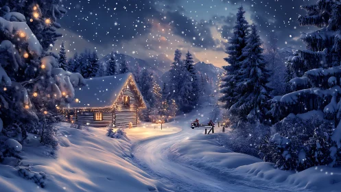 Snowfall serenade over lantern-lit winter cabin trail.