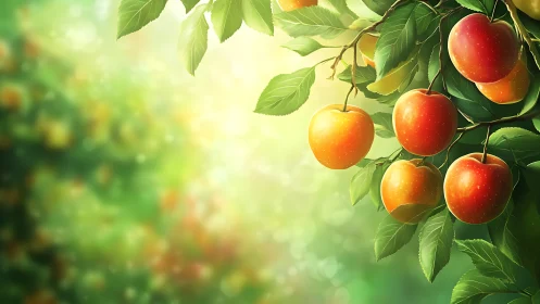 Sunlit orchard branch displays ripe golden-red apples in glow.