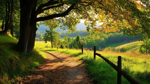 Sunlit dirt path curves through a fenced rural hillside