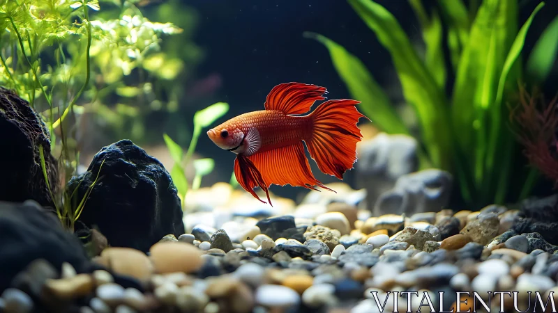 Scarlet betta fish gliding through illuminated aquascape.