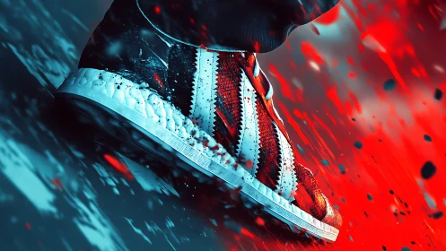 Dynamic red sneaker in motion with cyan high-speed streaks.