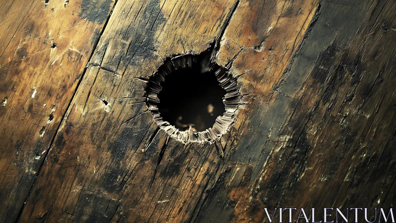 Large damaged hole in rustic wooden surface, close-up detail.