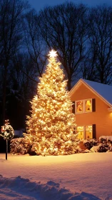 Starlit yard spruce blazing gold against deep winter dusk.