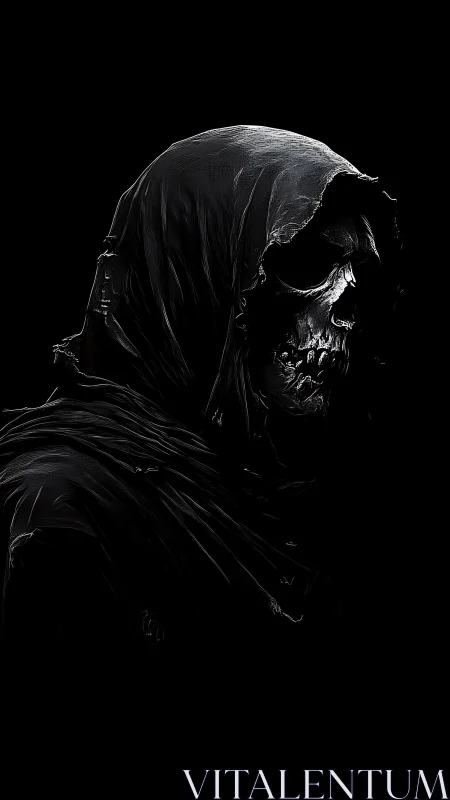 High-contrast hooded skeletal figure rendered in monochrome chiaroscuro