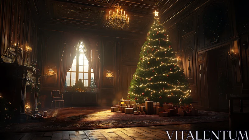 Grand salon illumination with towering Christmas tree display.