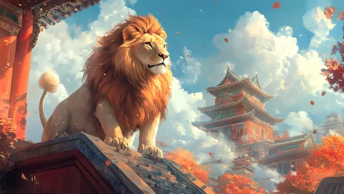 Regal lion overlooking autumnal Eastern palace terraces.