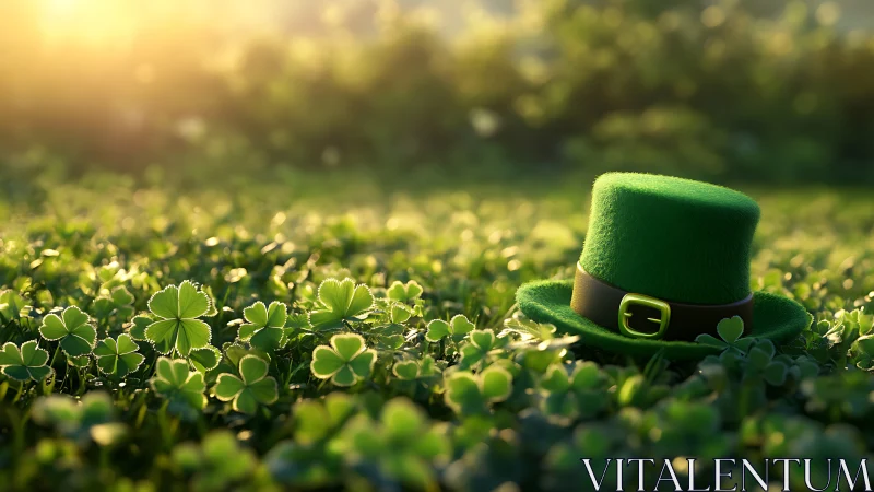 Sunlit clover meadow cradles a lone lucky green hat.