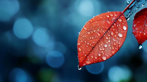 Red leaf holds clear raindrops before soft blue bokeh