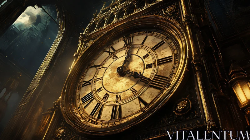 Golden cathedral clock glowing softly in timeless twilight.