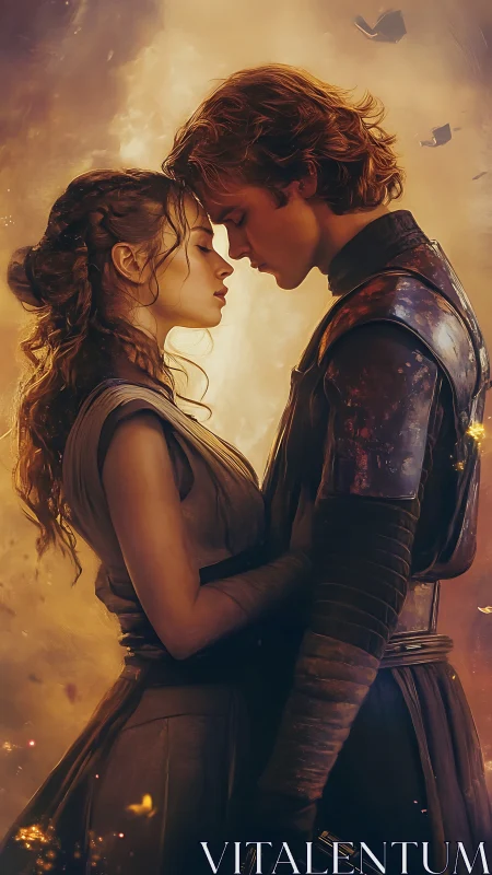 Romantic Fantasy Embrace Under Luminous Golden Atmosphere.