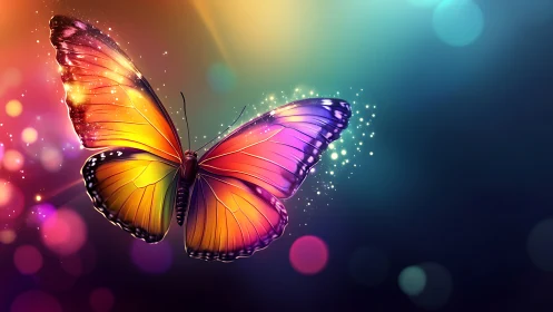 Luminous rainbow butterfly drifts through a sparkling dusk sky