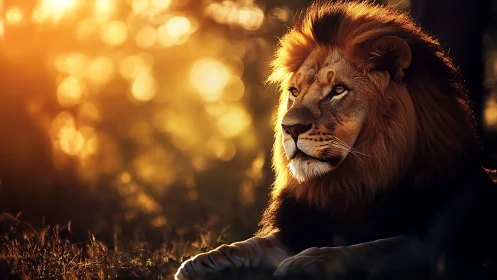 Majestic lion rests in glowing golden sunset forest light.