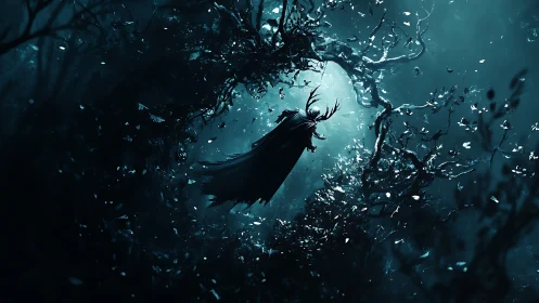 Antlered wraith ascending through swirling twilight grove.