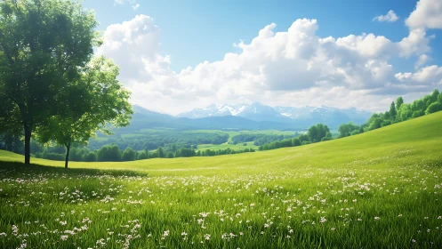 Gentle green meadow opening toward distant snowy peaks.