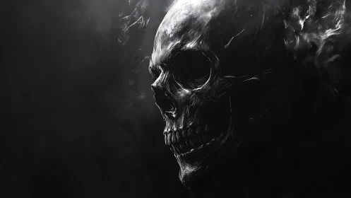 High contrast skeletal portrait dissolving into turbulent smoke