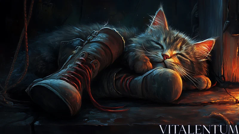 Striped Warrior: Cat's Industrial Dream Among Glowing Pipes.