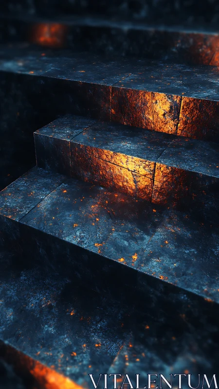 Embers sneak along obsidian steps in a quiet digital forge