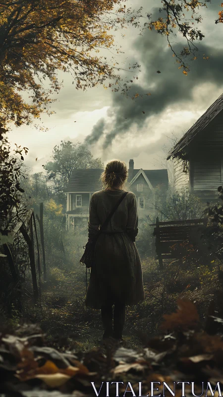 Solitary figure walks toward a smoking house in autumn haze