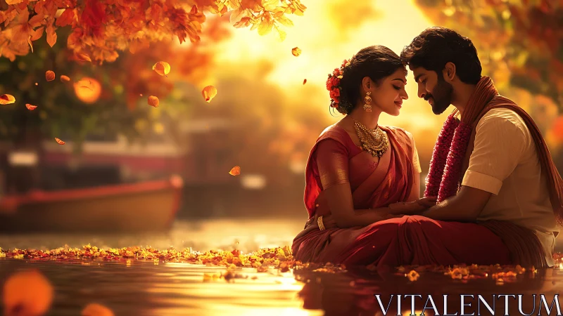 Golden hour romance blooms where autumn leaves waltz with timeless devotion