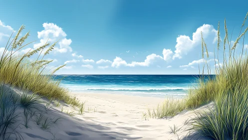 Sunlit sandy path opening onto a calm, inviting ocean view.