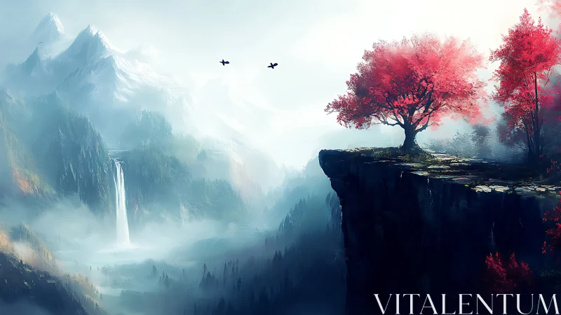 Red tree grows on cliff edge above misty mountain valley