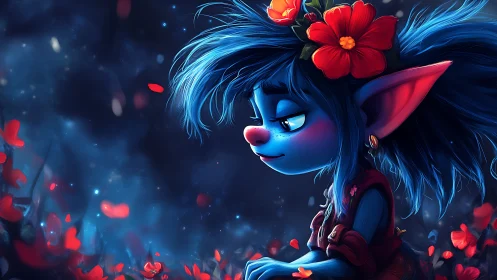 Blue fantasy character with flowers stands amid red petals
