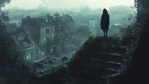 Quiet figure overlooking a misty, overgrown city ruin.