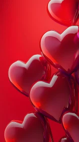 Glossy Three-Dimensional Hearts on Red Background
