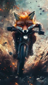 Digital painting of fox motorcyclist in explosive motion trail.