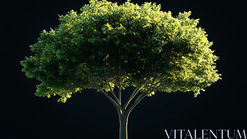 Isolated sunlit deciduous tree under controlled black backdrop.