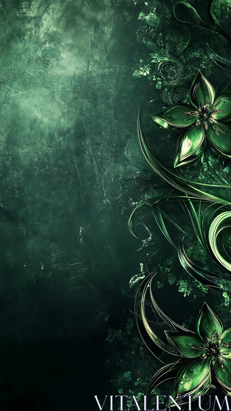 Emerald biomechanical floral curls on textured dark green field