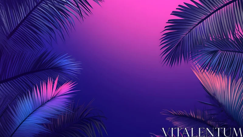 Neon gradient sunset illuminates stylized tropical palm fronds