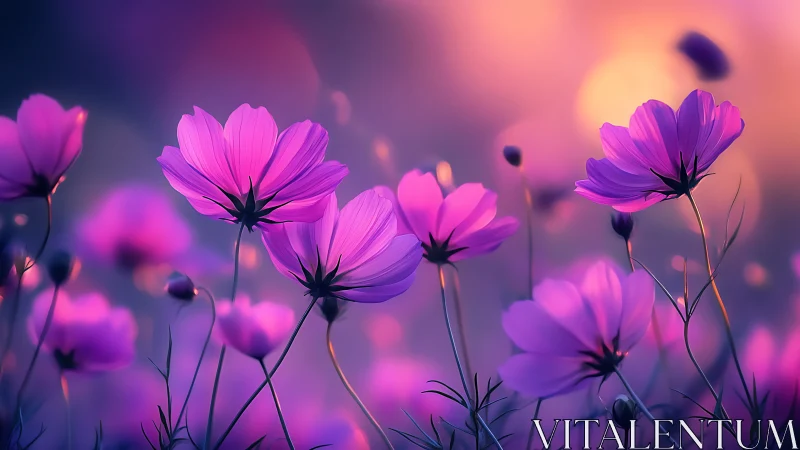 Magenta cosmos flowers blooming in ethereal twilight gradient