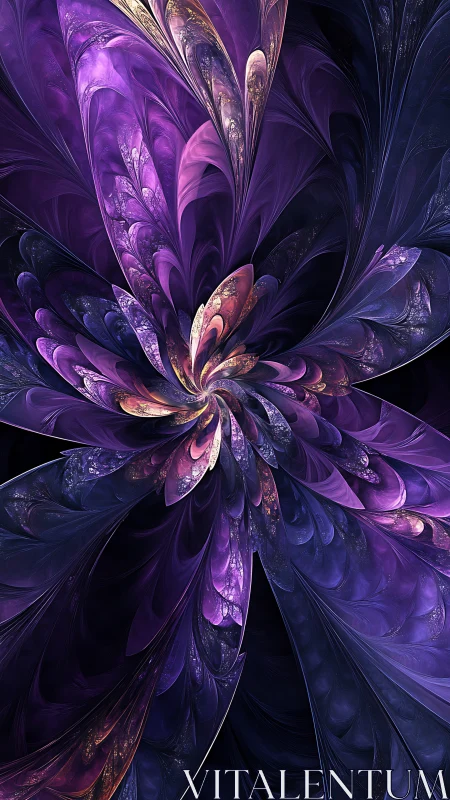 Fractal petal vortex with iridescent purple and gold lighting