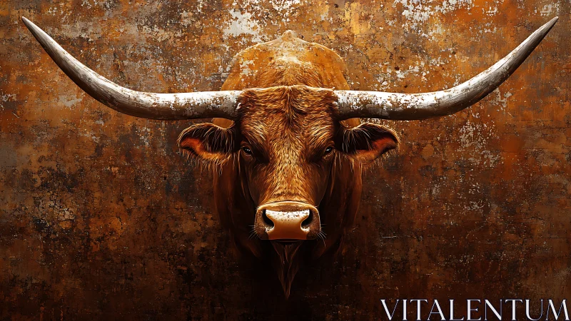 Longhorn bull portrait against distressed rust wall.
