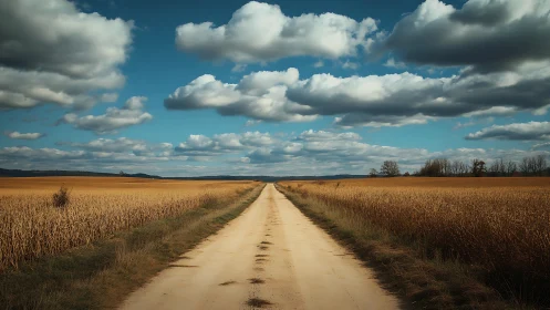 Rural dirt road perspective under sculpted cumulus sky.